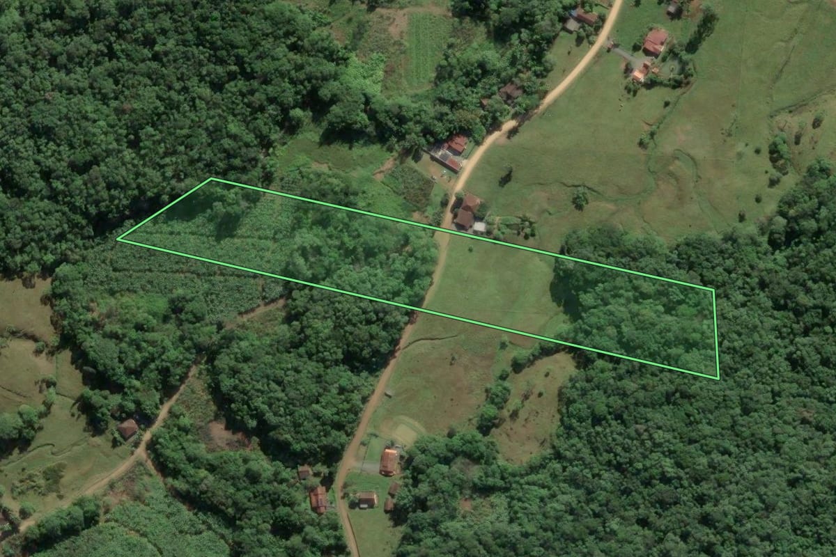 Imagem de satélite do imóvel rural em Luiz Alves (SC), com o contorno declarado no CAR desenhado por cima.