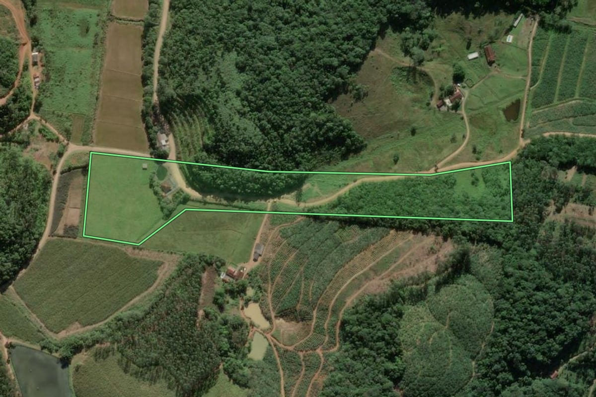 Imagem de satélite do imóvel rural em Luiz Alves (SC), com o contorno declarado no CAR desenhado por cima.
