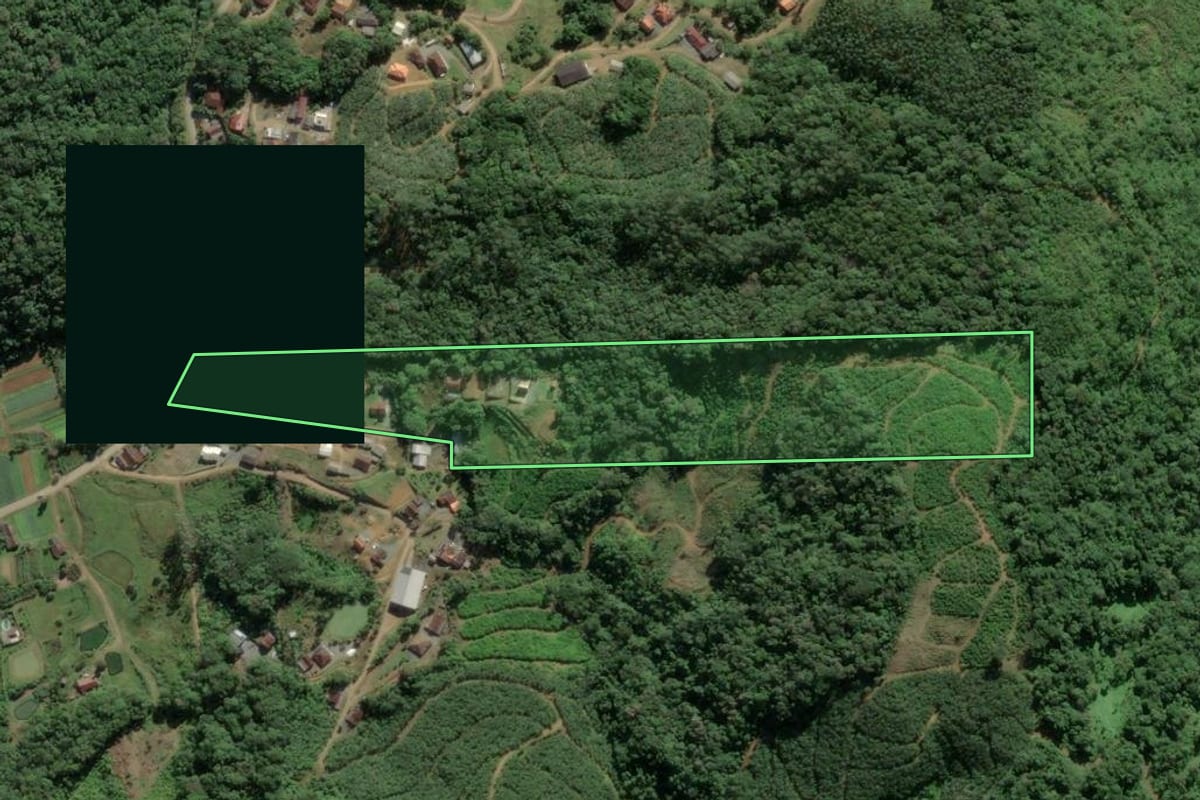 Imagem de satélite do imóvel rural em Luiz Alves (SC), com o contorno declarado no CAR desenhado por cima.
