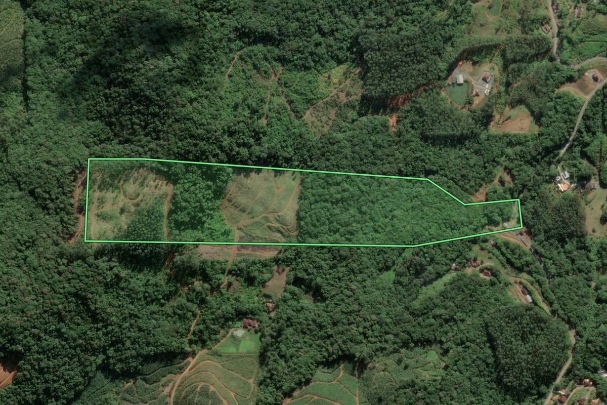 Imagem de satélite do imóvel rural em Luiz Alves (SC), com o contorno declarado no CAR desenhado por cima.