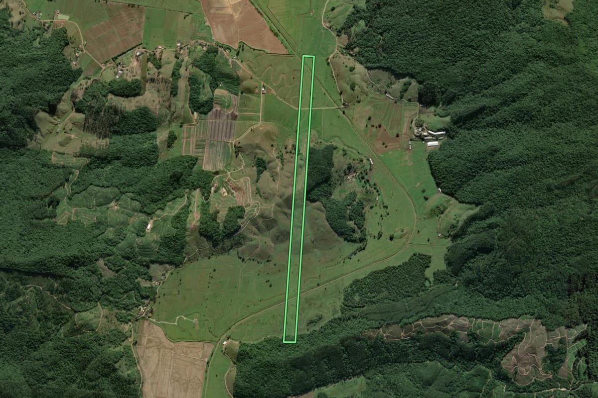 Imagem de satélite do imóvel rural em Luiz Alves (SC), com o contorno declarado no CAR desenhado por cima.