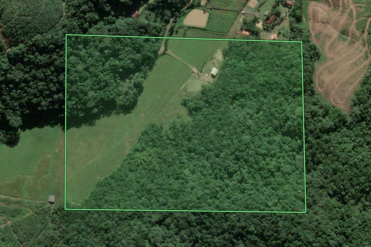 Imagem de satélite do imóvel rural em Luiz Alves (SC), com o contorno declarado no CAR desenhado por cima.