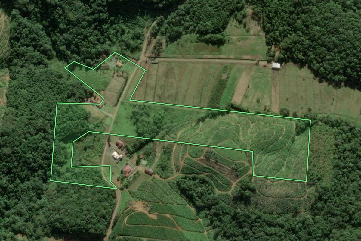 Imagem de satélite do imóvel rural em Luiz Alves (SC), com o contorno declarado no CAR desenhado por cima.