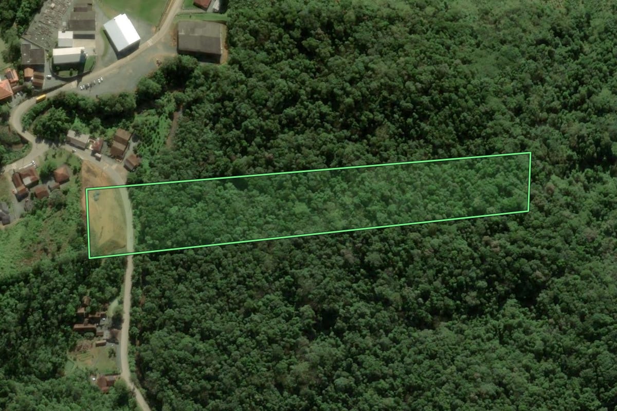 Imagem de satélite do imóvel rural em Luiz Alves (SC), com o contorno declarado no CAR desenhado por cima.