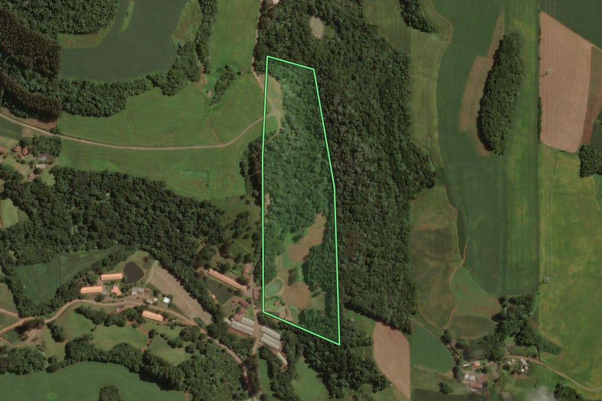 Imagem de satélite do imóvel rural em Luzerna (SC), com o contorno declarado no CAR desenhado por cima.