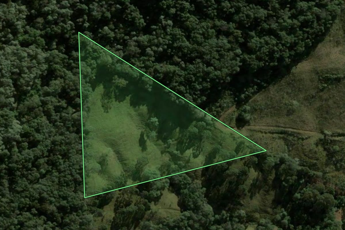 Imagem de satélite do imóvel rural em Macieira (SC), com o contorno declarado no CAR desenhado por cima.