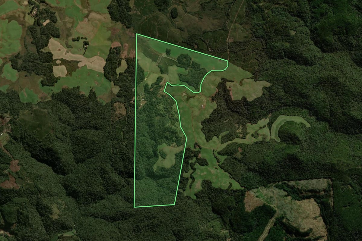 Imagem de satélite do imóvel rural em Macieira (SC), com o contorno declarado no CAR desenhado por cima.