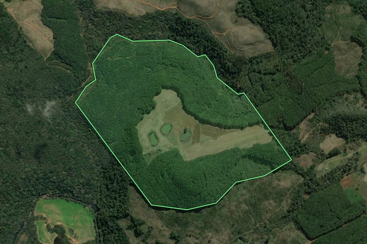 Imagem de satélite do imóvel rural em Macieira (SC), com o contorno declarado no CAR desenhado por cima.