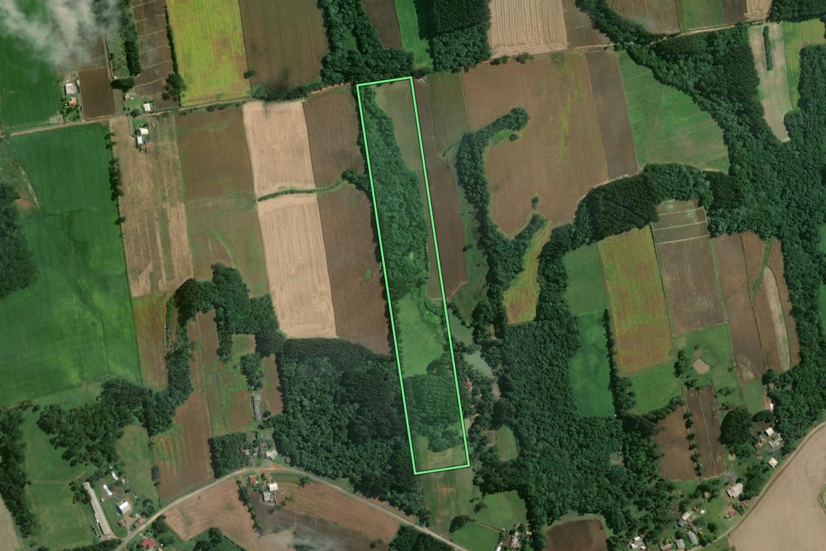 Imagem de satélite do imóvel rural em Mafra (SC), com o contorno declarado no CAR desenhado por cima.