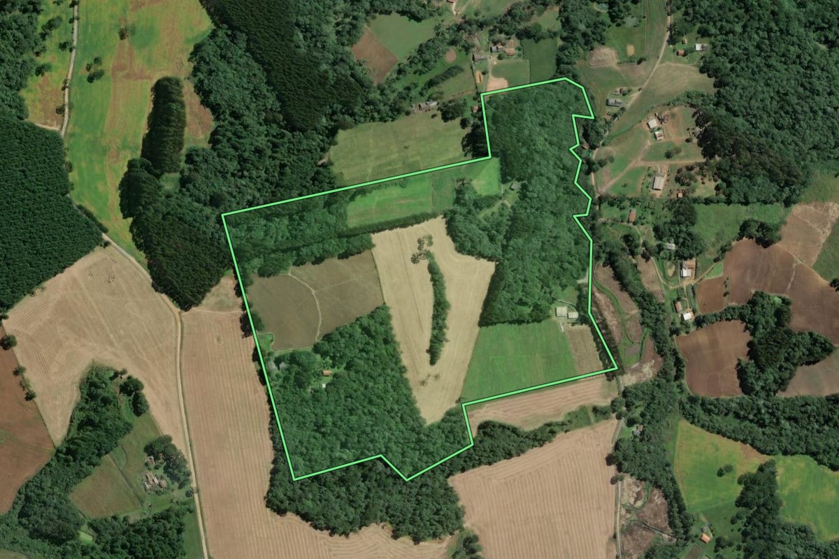 Imagem de satélite do imóvel rural em Mafra (SC), com o contorno declarado no CAR desenhado por cima.