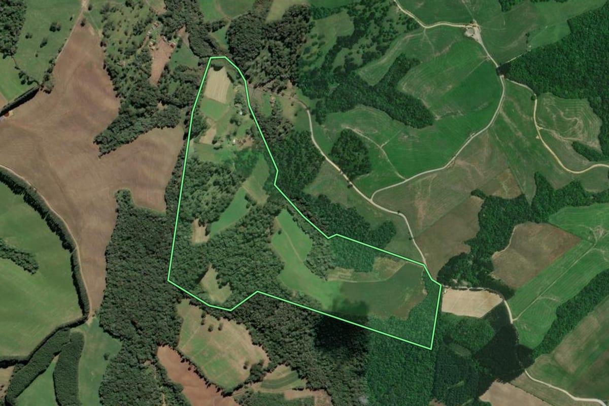 Imagem de satélite do imóvel rural em Mafra (SC), com o contorno declarado no CAR desenhado por cima.