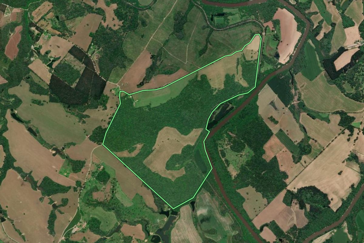 Imagem de satélite do imóvel rural em Mafra (SC), com o contorno declarado no CAR desenhado por cima.