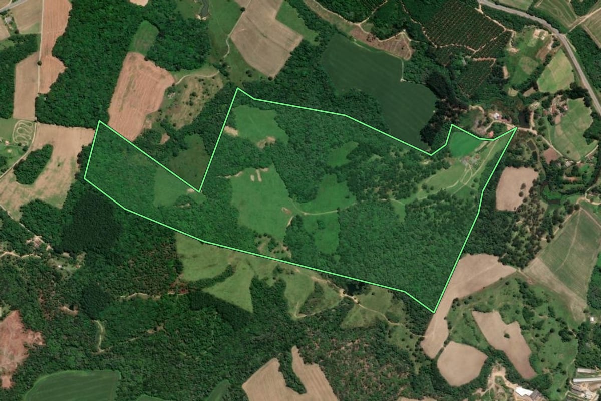 Imagem de satélite do imóvel rural em Mafra (SC), com o contorno declarado no CAR desenhado por cima.