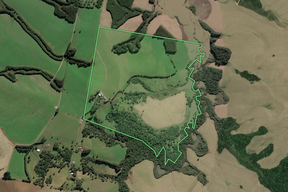 Imagem de satélite do imóvel rural em Mafra (SC), com o contorno declarado no CAR desenhado por cima.