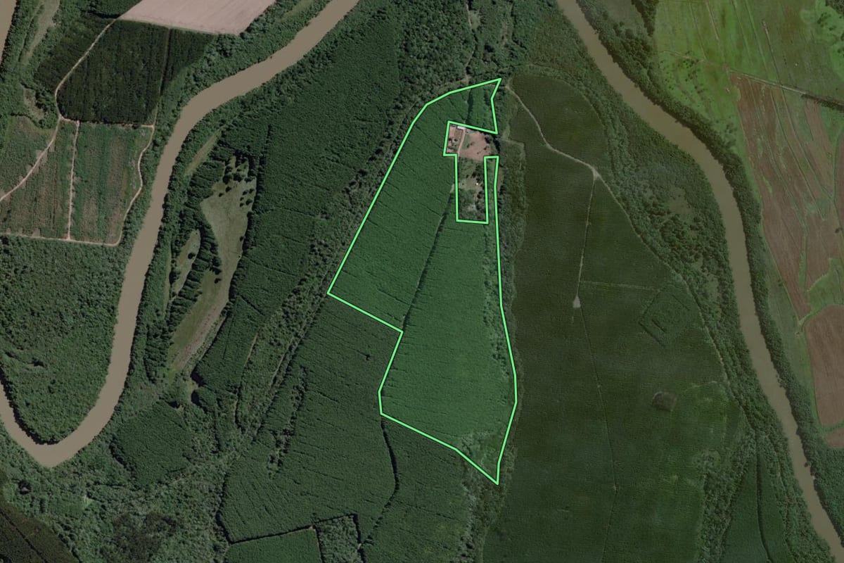 Imagem de satélite do imóvel rural em Mafra (SC), com o contorno declarado no CAR desenhado por cima.