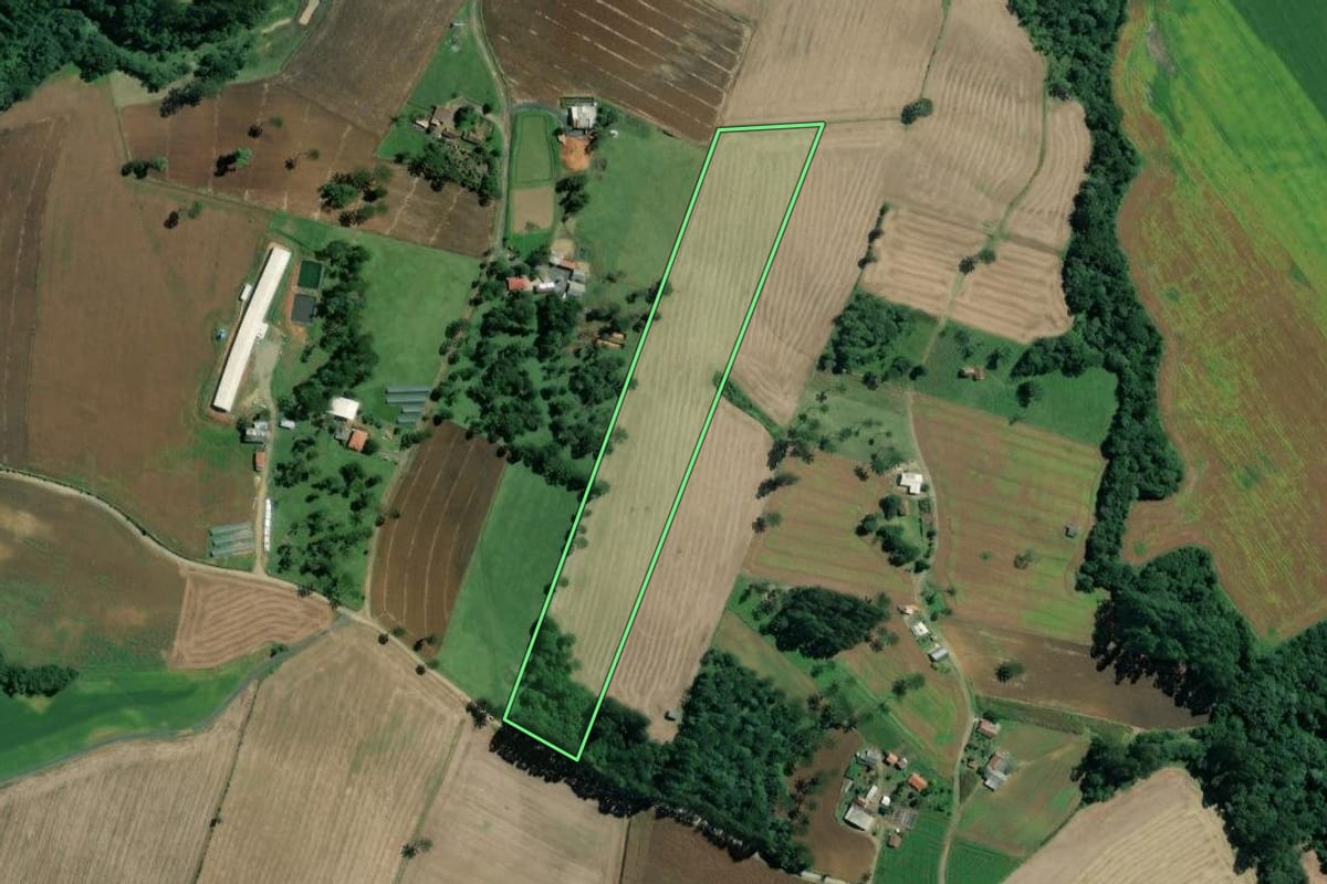 Imagem de satélite do imóvel rural em Mafra (SC), com o contorno declarado no CAR desenhado por cima.