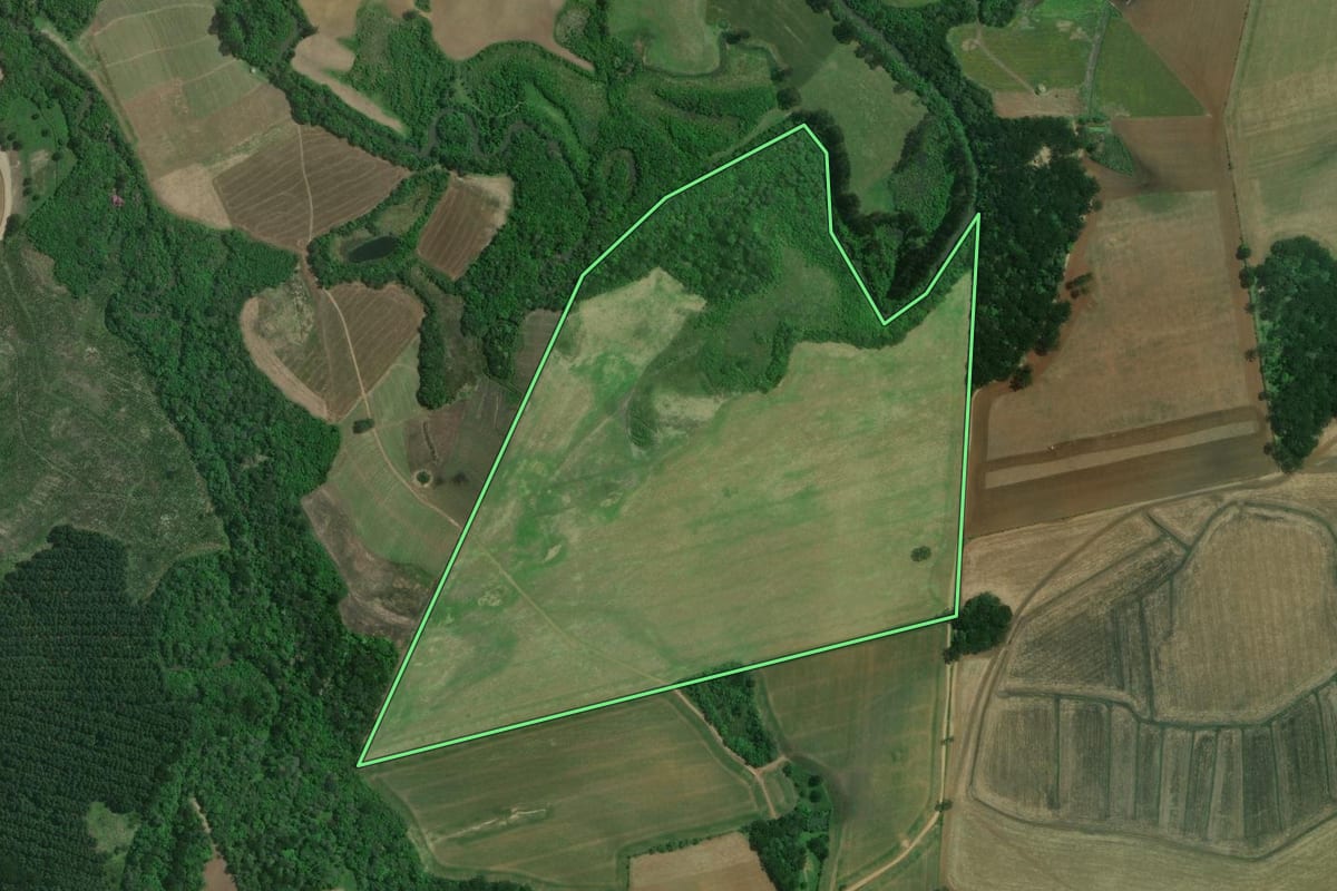 Imagem de satélite do imóvel rural em Mafra (SC), com o contorno declarado no CAR desenhado por cima.
