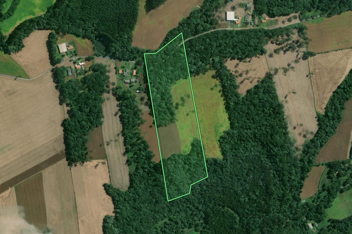 Imagem de satélite do imóvel rural em Mafra (SC), com o contorno declarado no CAR desenhado por cima.
