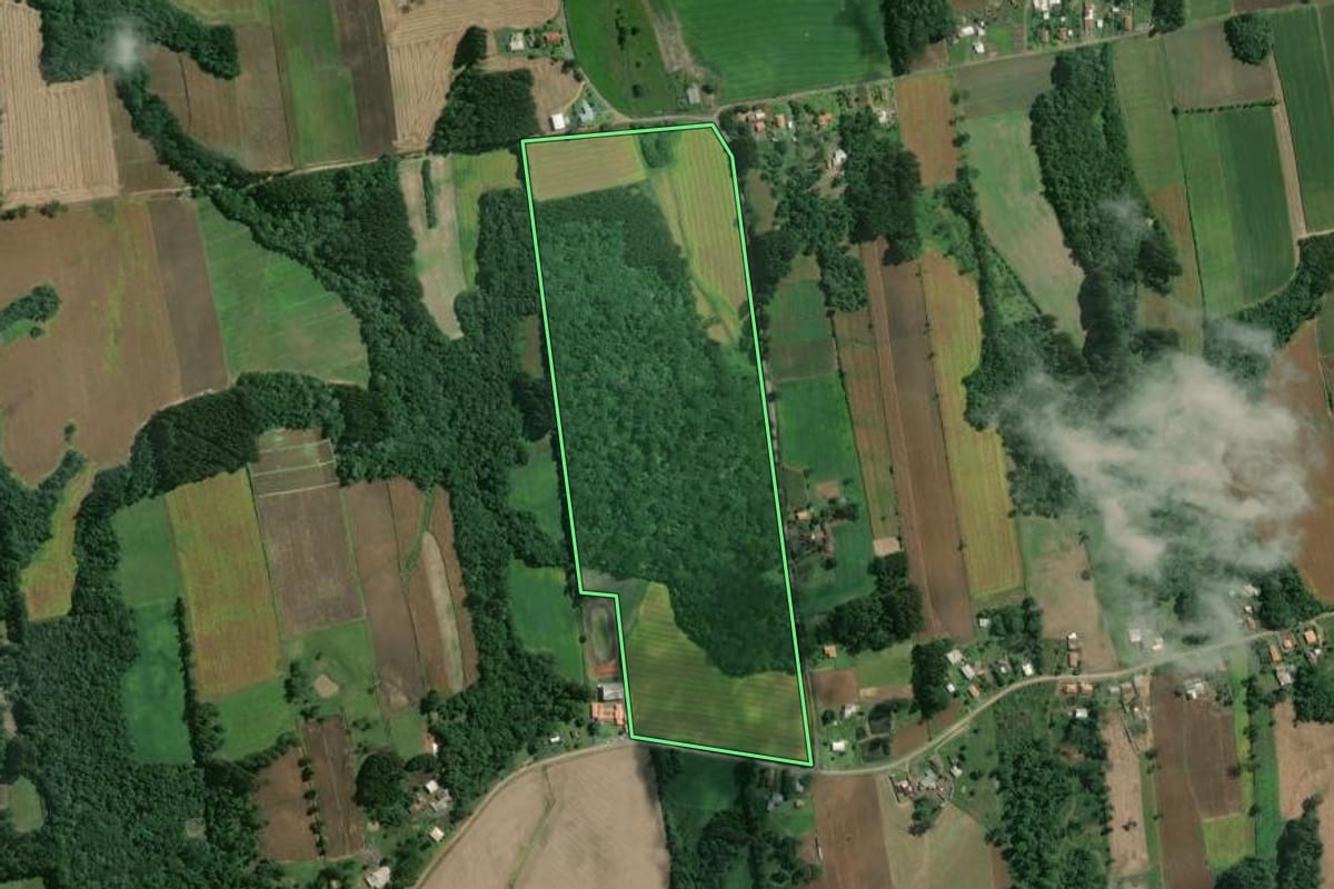 Imagem de satélite do imóvel rural em Mafra (SC), com o contorno declarado no CAR desenhado por cima.