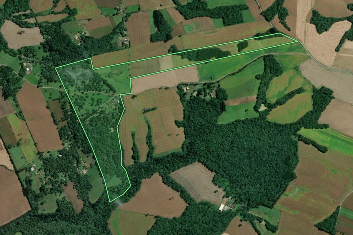 Imagem de satélite do imóvel rural em Mafra (SC), com o contorno declarado no CAR desenhado por cima.