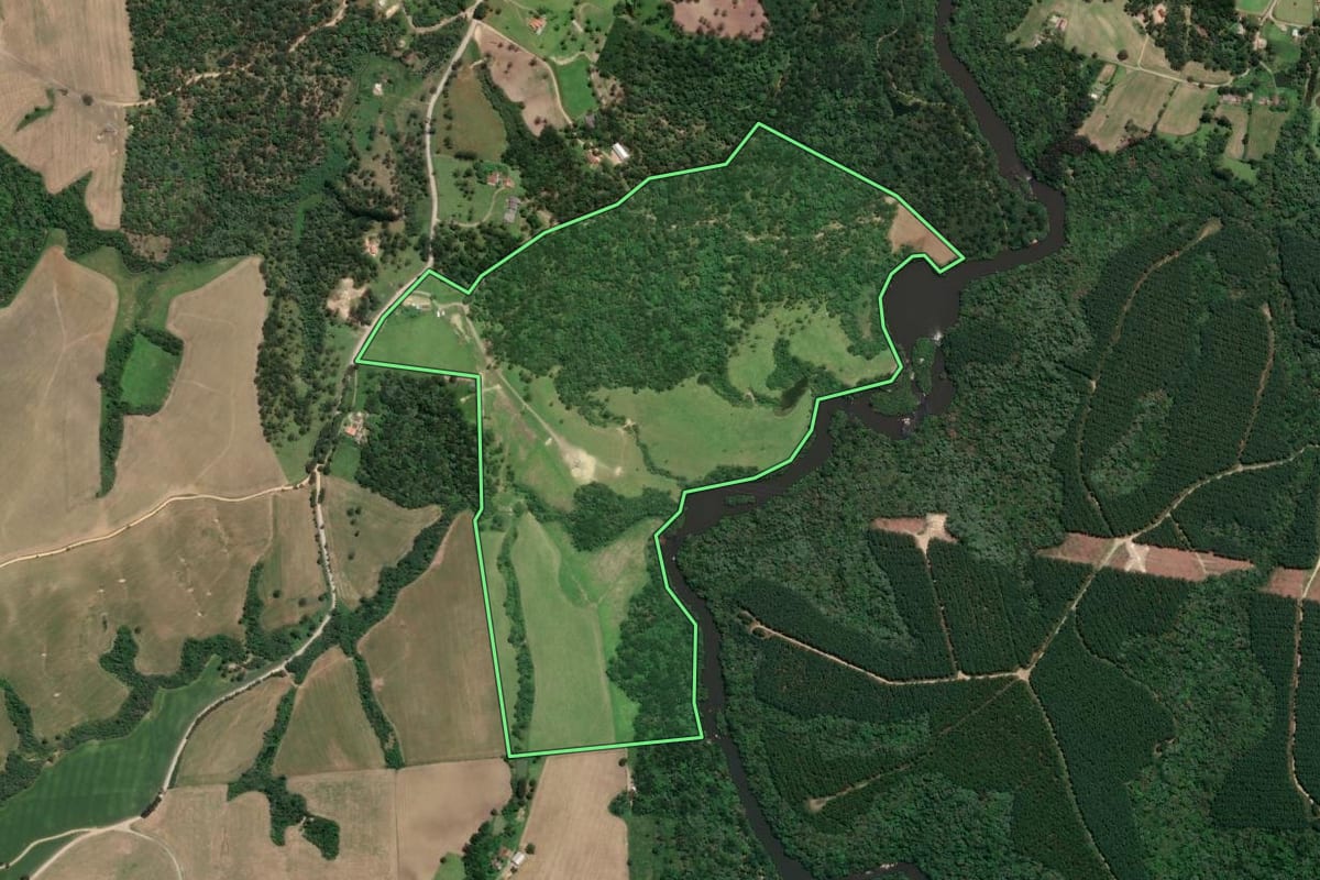 Imagem de satélite do imóvel rural em Mafra (SC), com o contorno declarado no CAR desenhado por cima.