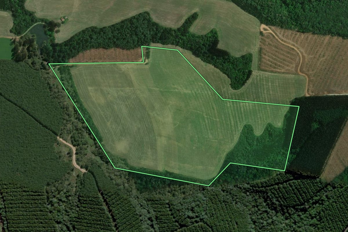 Imagem de satélite do imóvel rural em Mafra (SC), com o contorno declarado no CAR desenhado por cima.