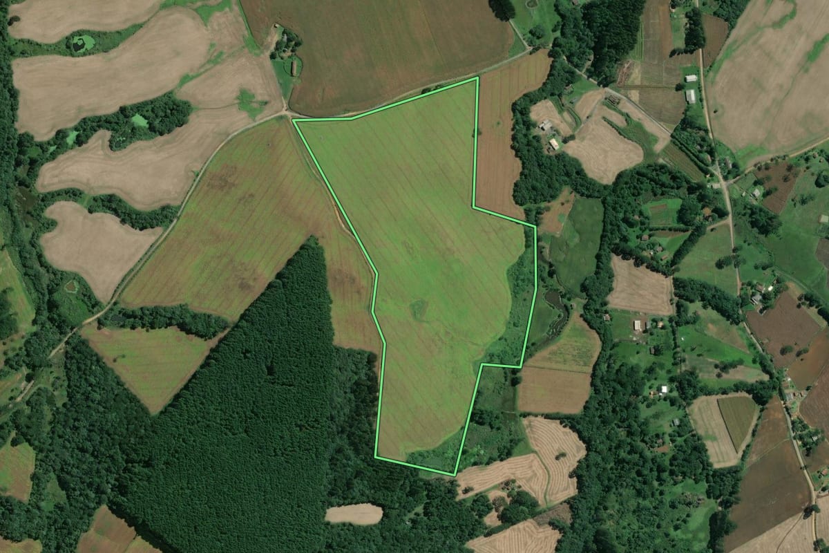 Imagem de satélite do imóvel rural em Mafra (SC), com o contorno declarado no CAR desenhado por cima.