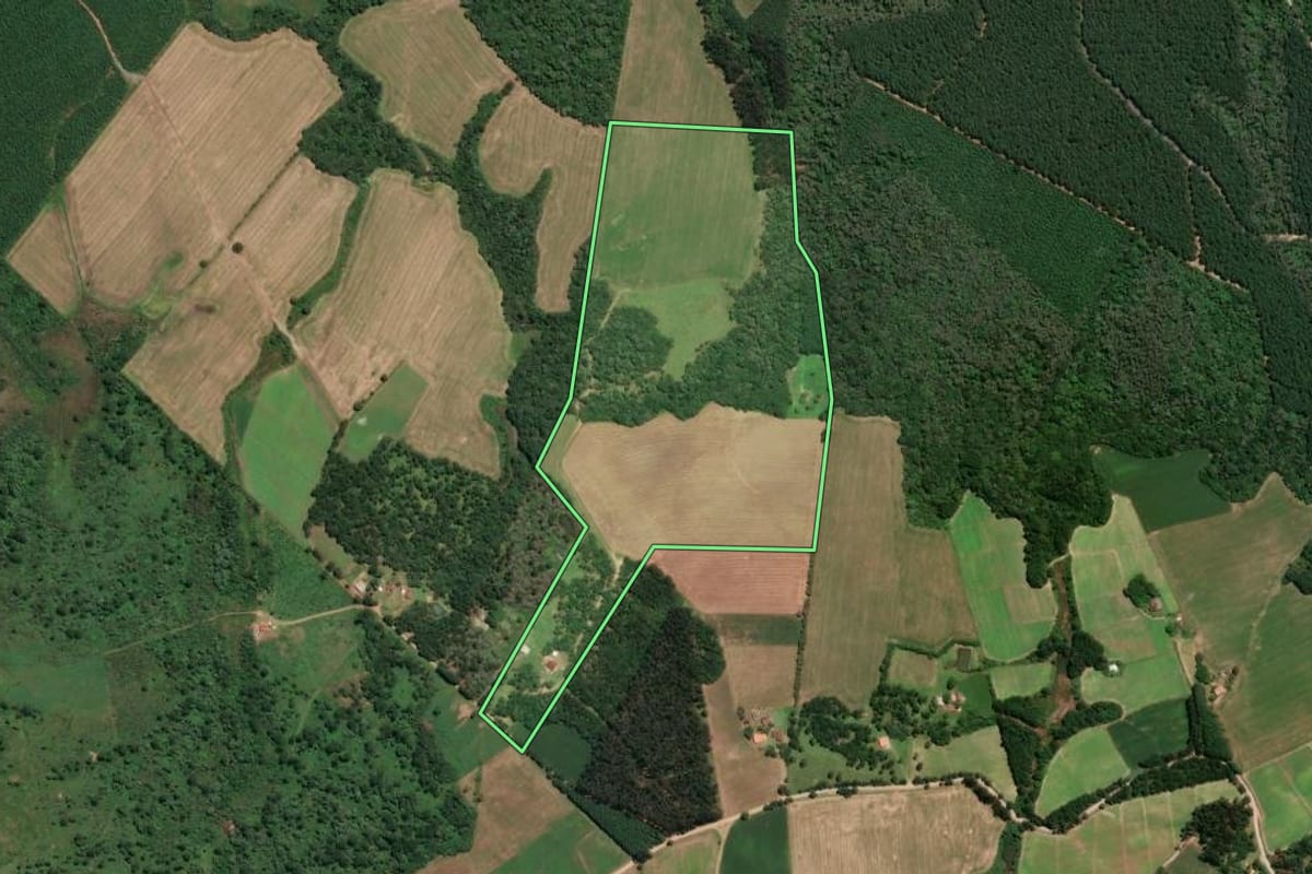 Imagem de satélite do imóvel rural em Mafra (SC), com o contorno declarado no CAR desenhado por cima.