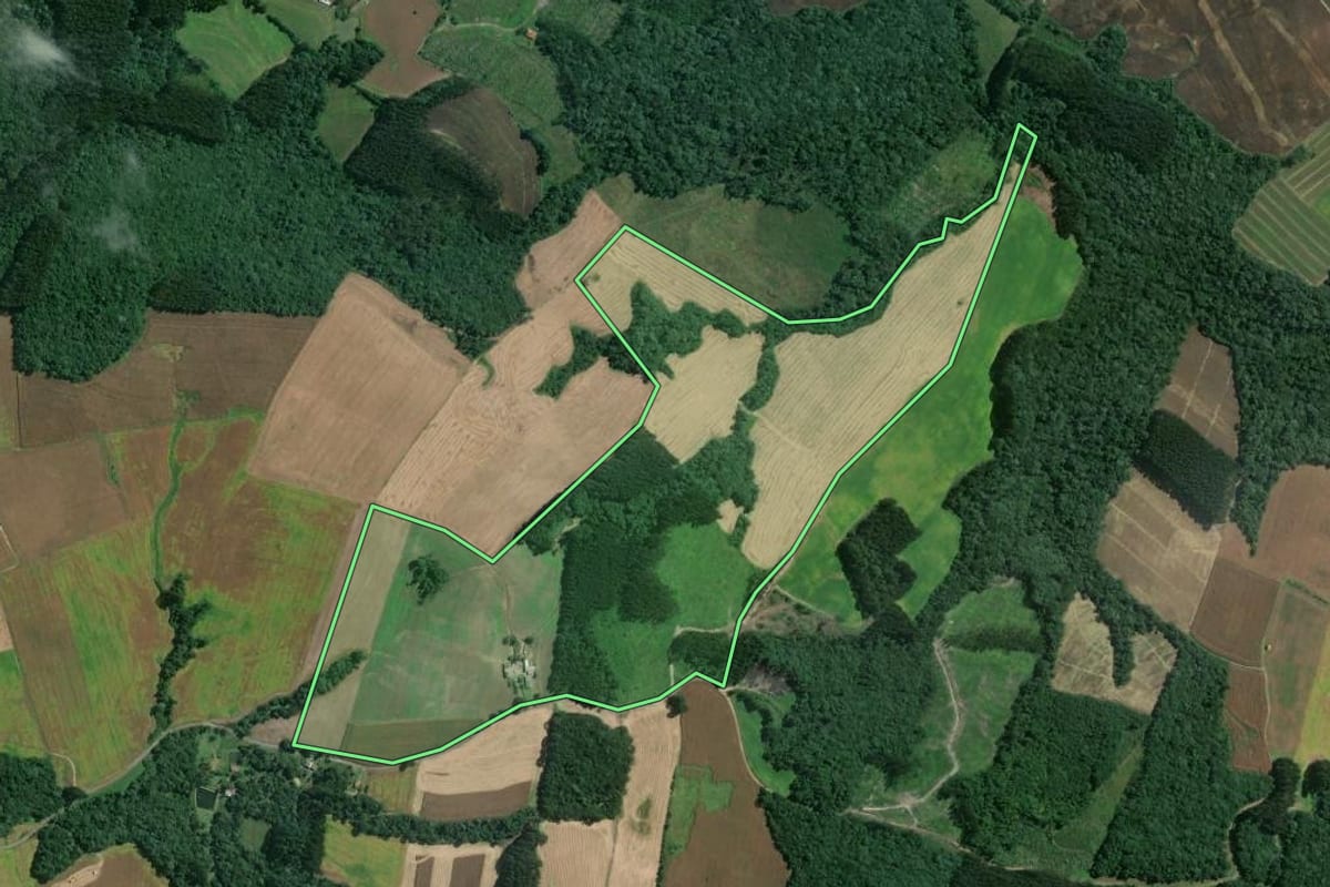Imagem de satélite do imóvel rural em Mafra (SC), com o contorno declarado no CAR desenhado por cima.