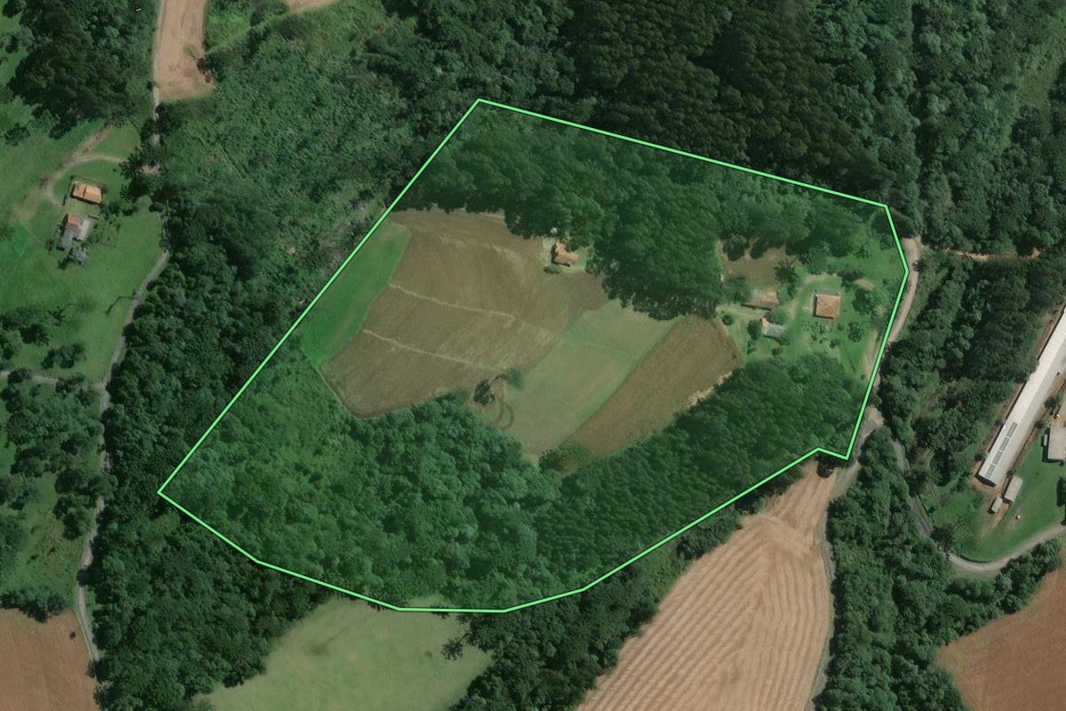Imagem de satélite do imóvel rural em Mafra (SC), com o contorno declarado no CAR desenhado por cima.