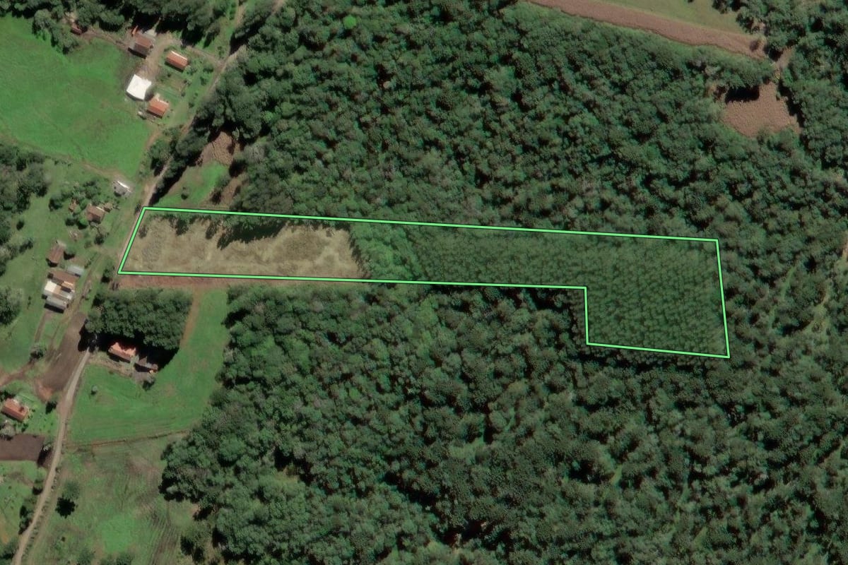 Imagem de satélite do imóvel rural em Mafra (SC), com o contorno declarado no CAR desenhado por cima.