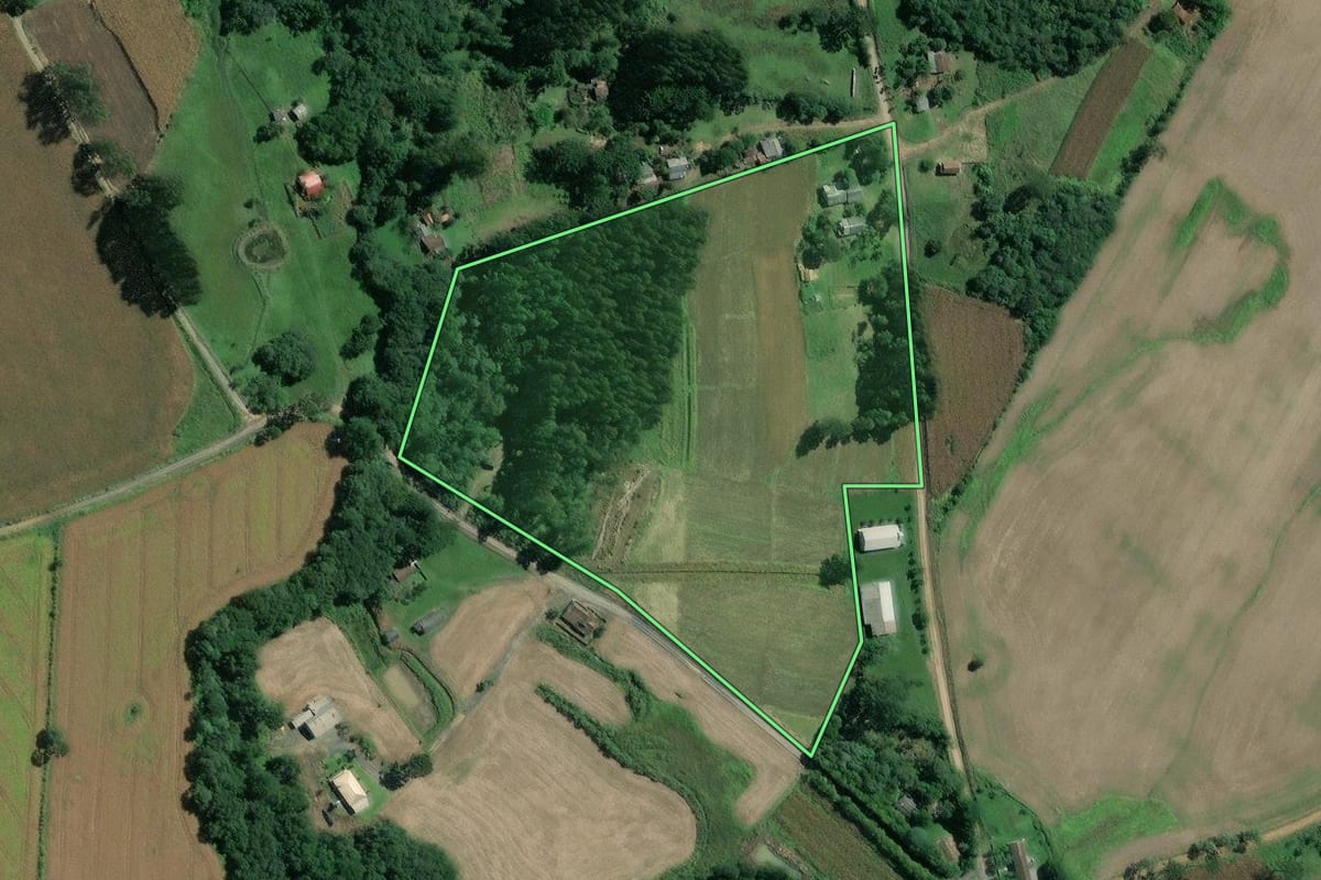 Imagem de satélite do imóvel rural em Mafra (SC), com o contorno declarado no CAR desenhado por cima.