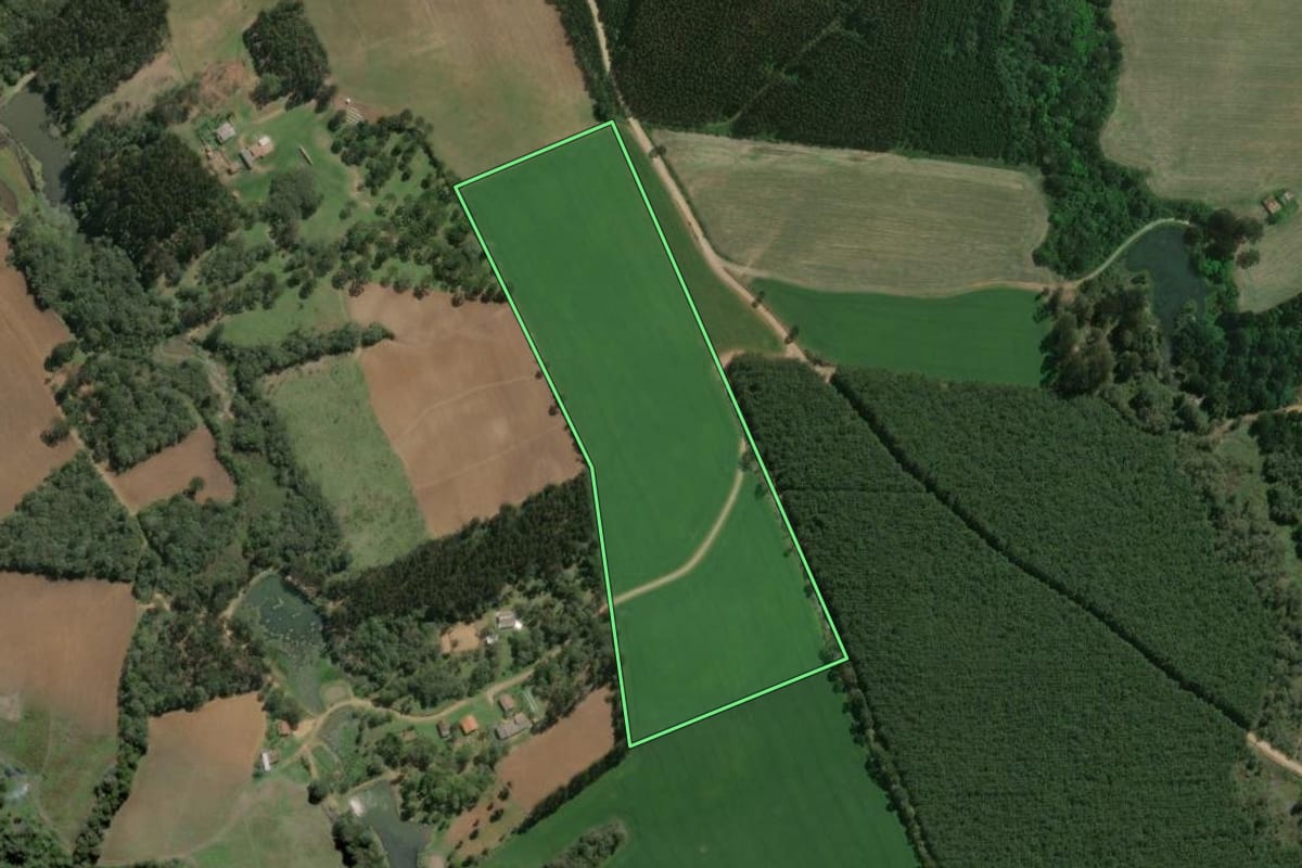Imagem de satélite do imóvel rural em Mafra (SC), com o contorno declarado no CAR desenhado por cima.