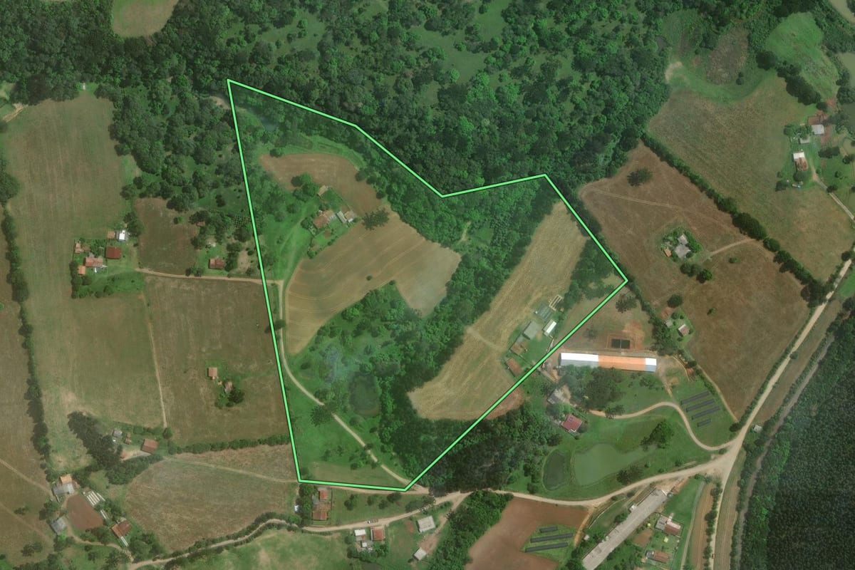 Imagem de satélite do imóvel rural em Mafra (SC), com o contorno declarado no CAR desenhado por cima.