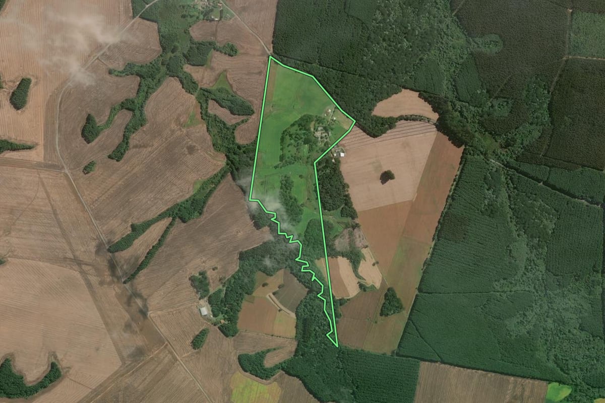 Imagem de satélite do imóvel rural em Mafra (SC), com o contorno declarado no CAR desenhado por cima.