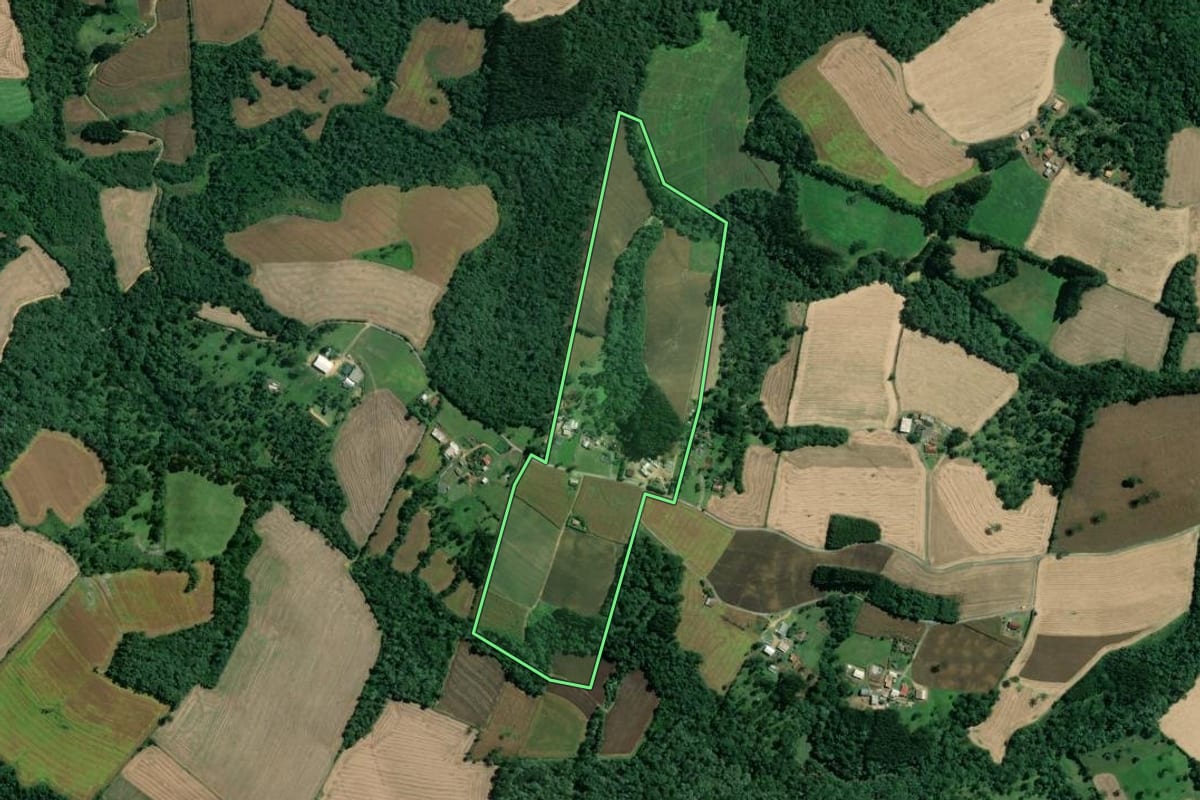 Imagem de satélite do imóvel rural em Mafra (SC), com o contorno declarado no CAR desenhado por cima.