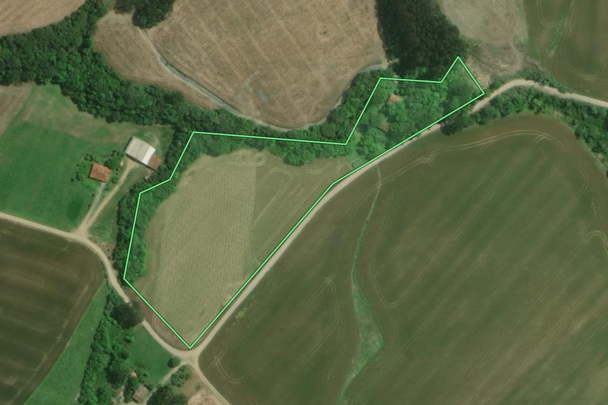 Imagem de satélite do imóvel rural em Mafra (SC), com o contorno declarado no CAR desenhado por cima.