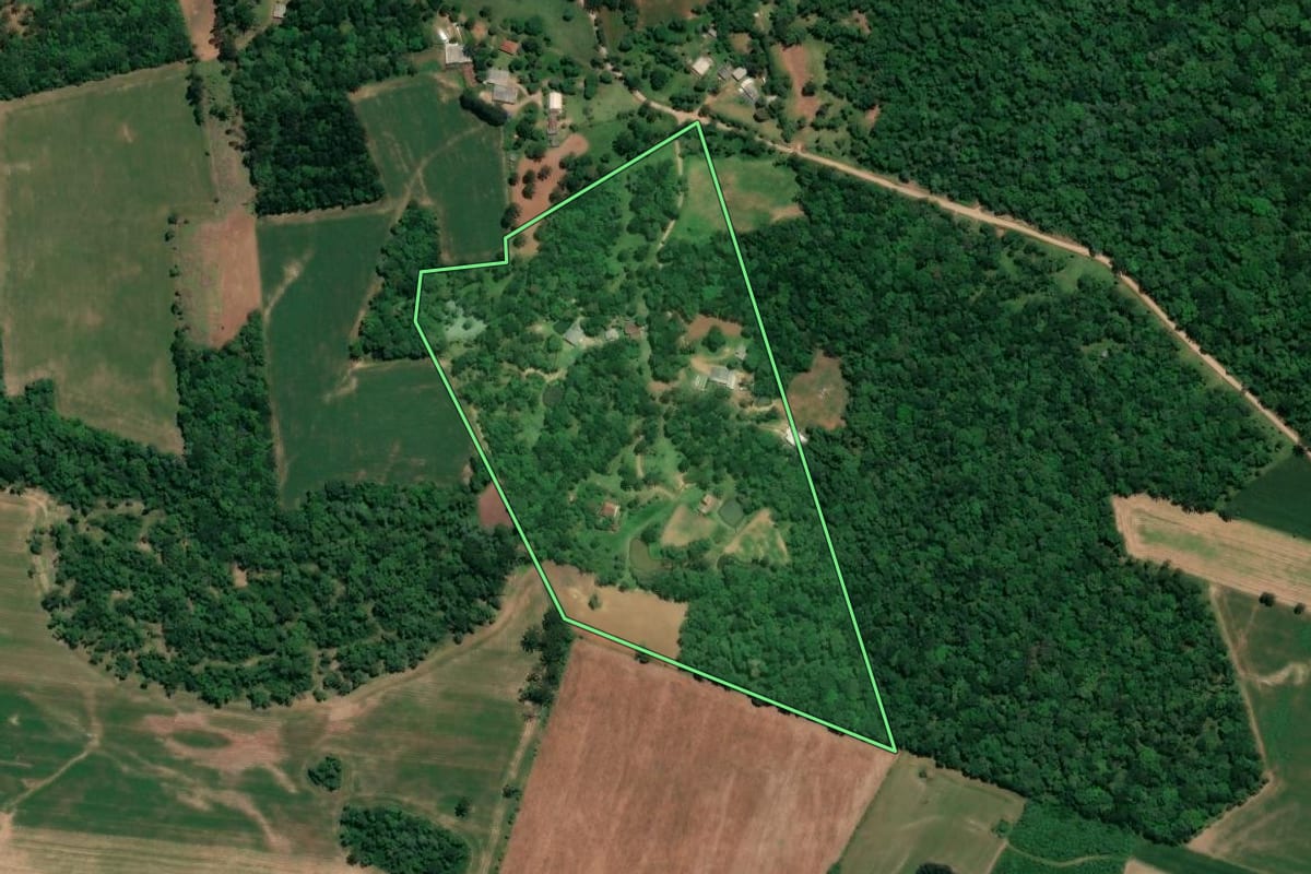 Imagem de satélite do imóvel rural em Mafra (SC), com o contorno declarado no CAR desenhado por cima.
