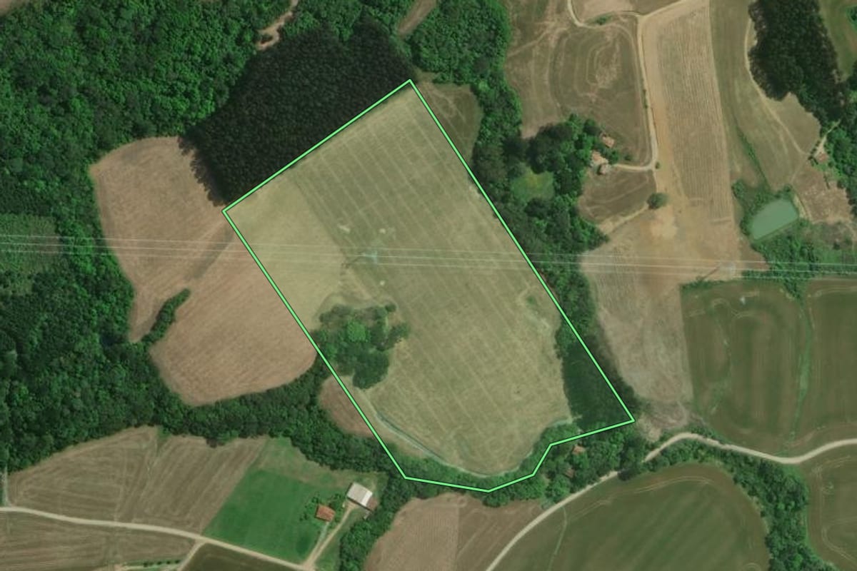 Imagem de satélite do imóvel rural em Mafra (SC), com o contorno declarado no CAR desenhado por cima.
