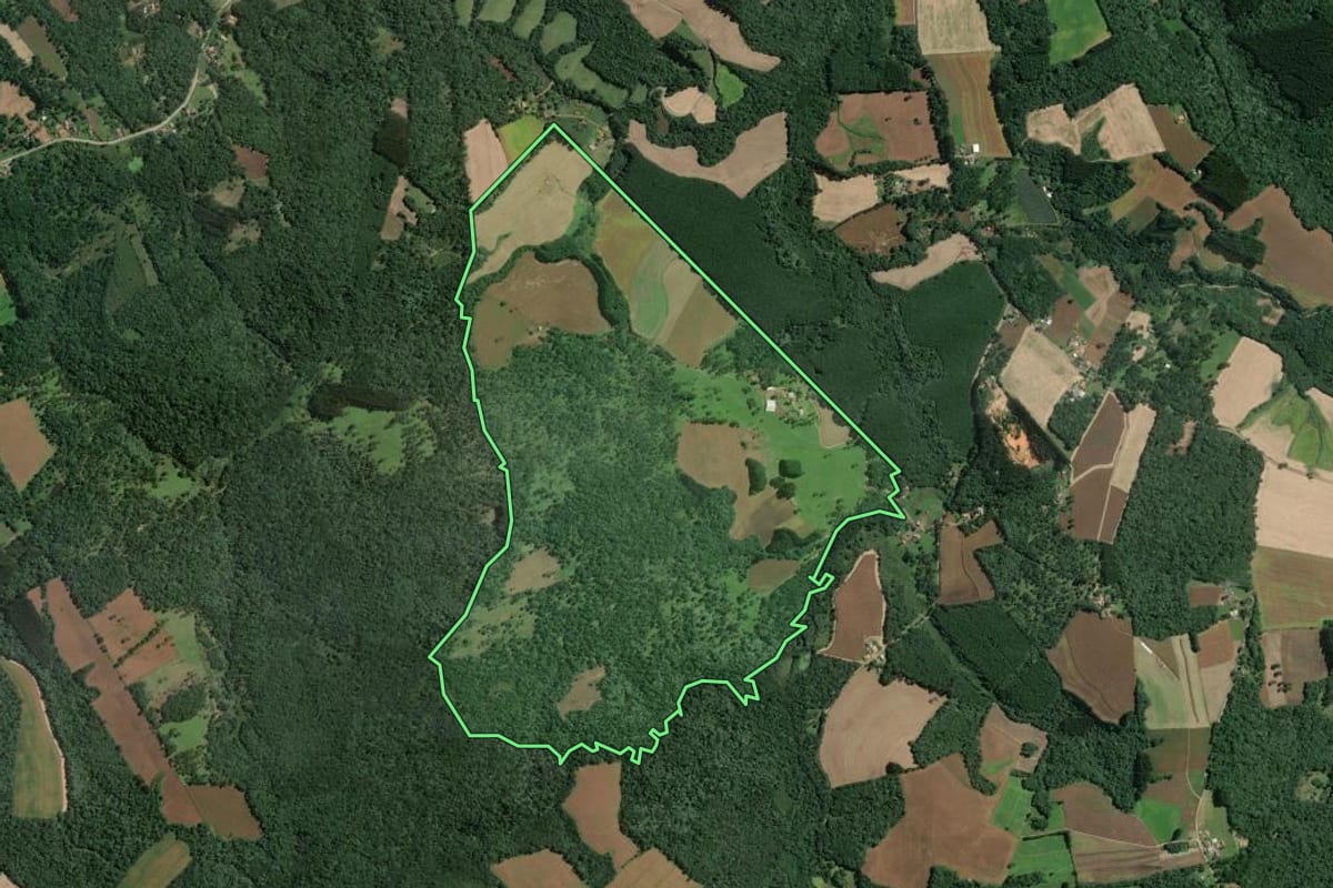 Imagem de satélite do imóvel rural em Mafra (SC), com o contorno declarado no CAR desenhado por cima.