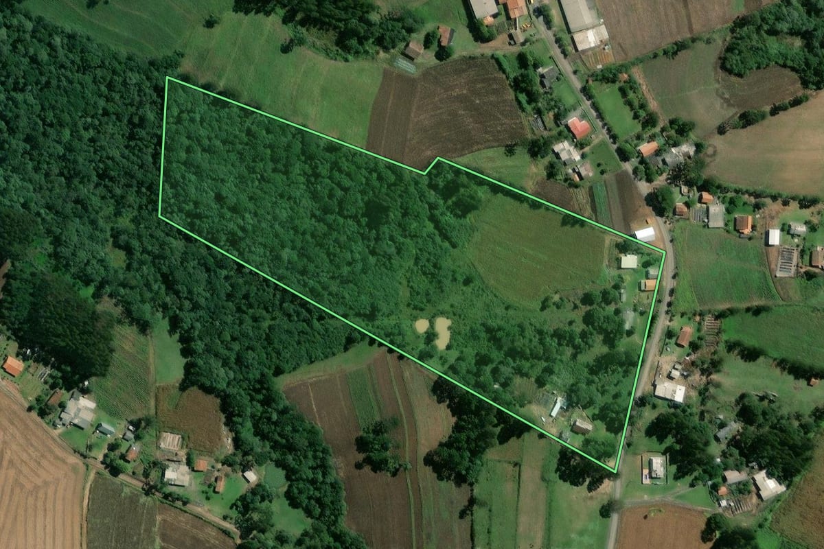 Imagem de satélite do imóvel rural em Mafra (SC), com o contorno declarado no CAR desenhado por cima.