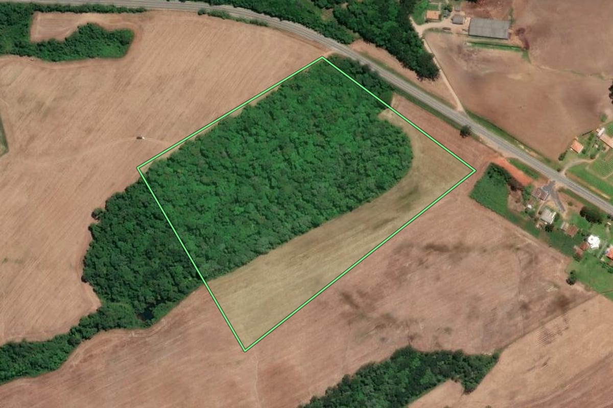 Imagem de satélite do imóvel rural em Mafra (SC), com o contorno declarado no CAR desenhado por cima.