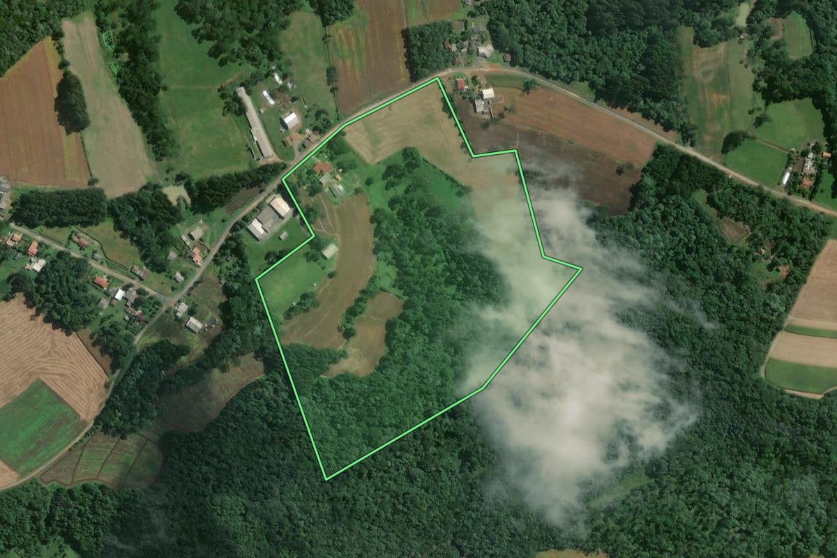 Imagem de satélite do imóvel rural em Mafra (SC), com o contorno declarado no CAR desenhado por cima.
