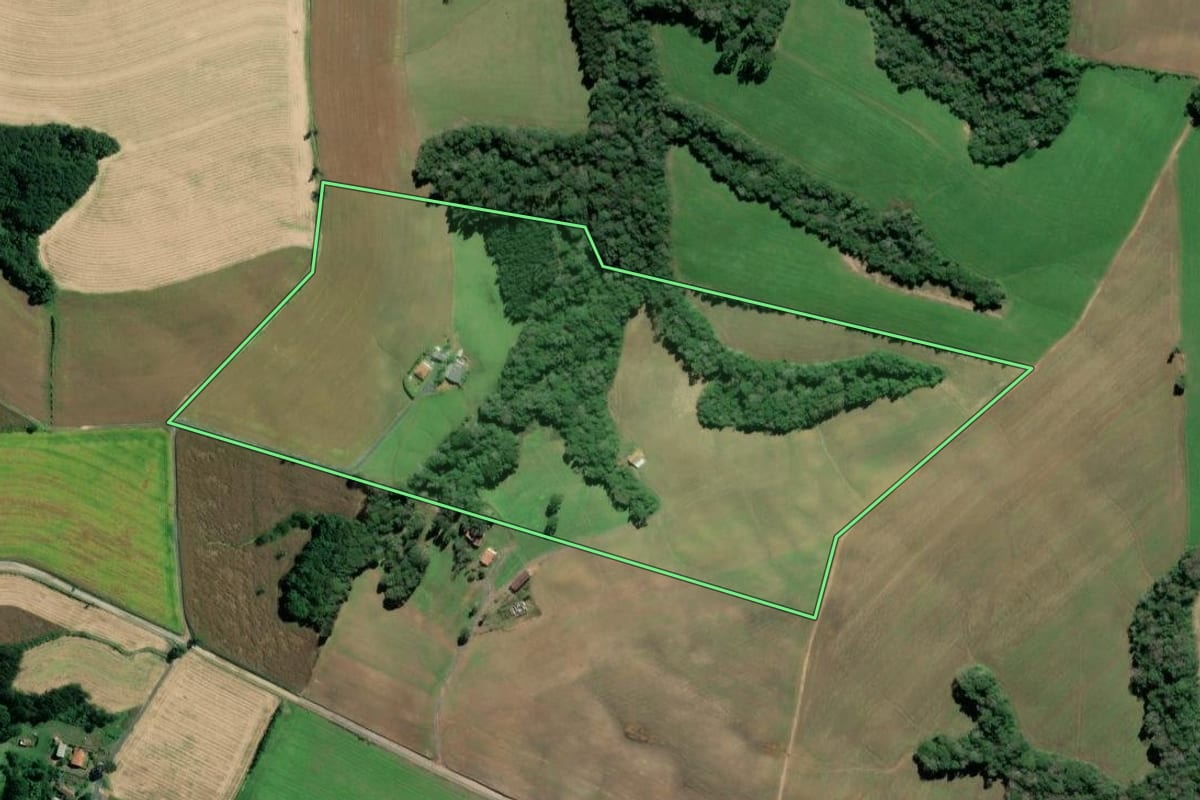 Imagem de satélite do imóvel rural em Mafra (SC), com o contorno declarado no CAR desenhado por cima.