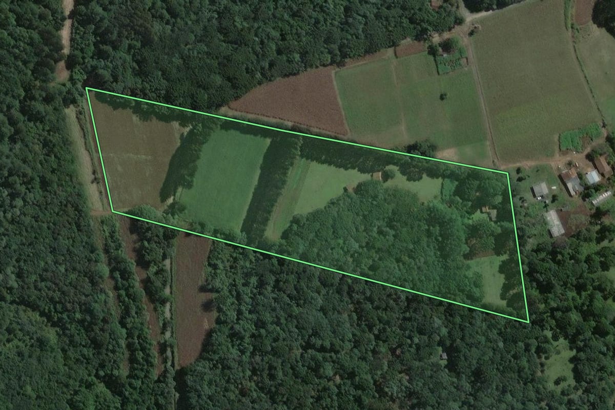 Imagem de satélite do imóvel rural em Mafra (SC), com o contorno declarado no CAR desenhado por cima.