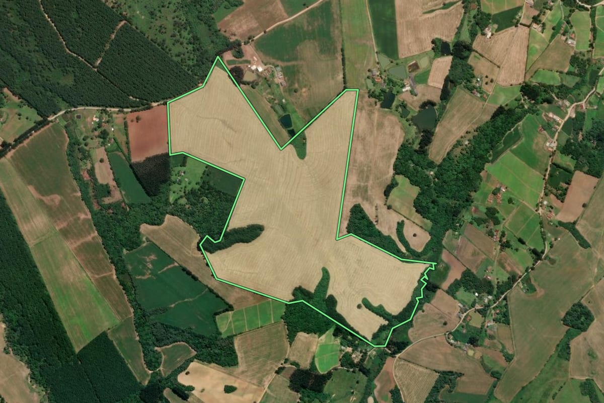 Imagem de satélite do imóvel rural em Mafra (SC), com o contorno declarado no CAR desenhado por cima.