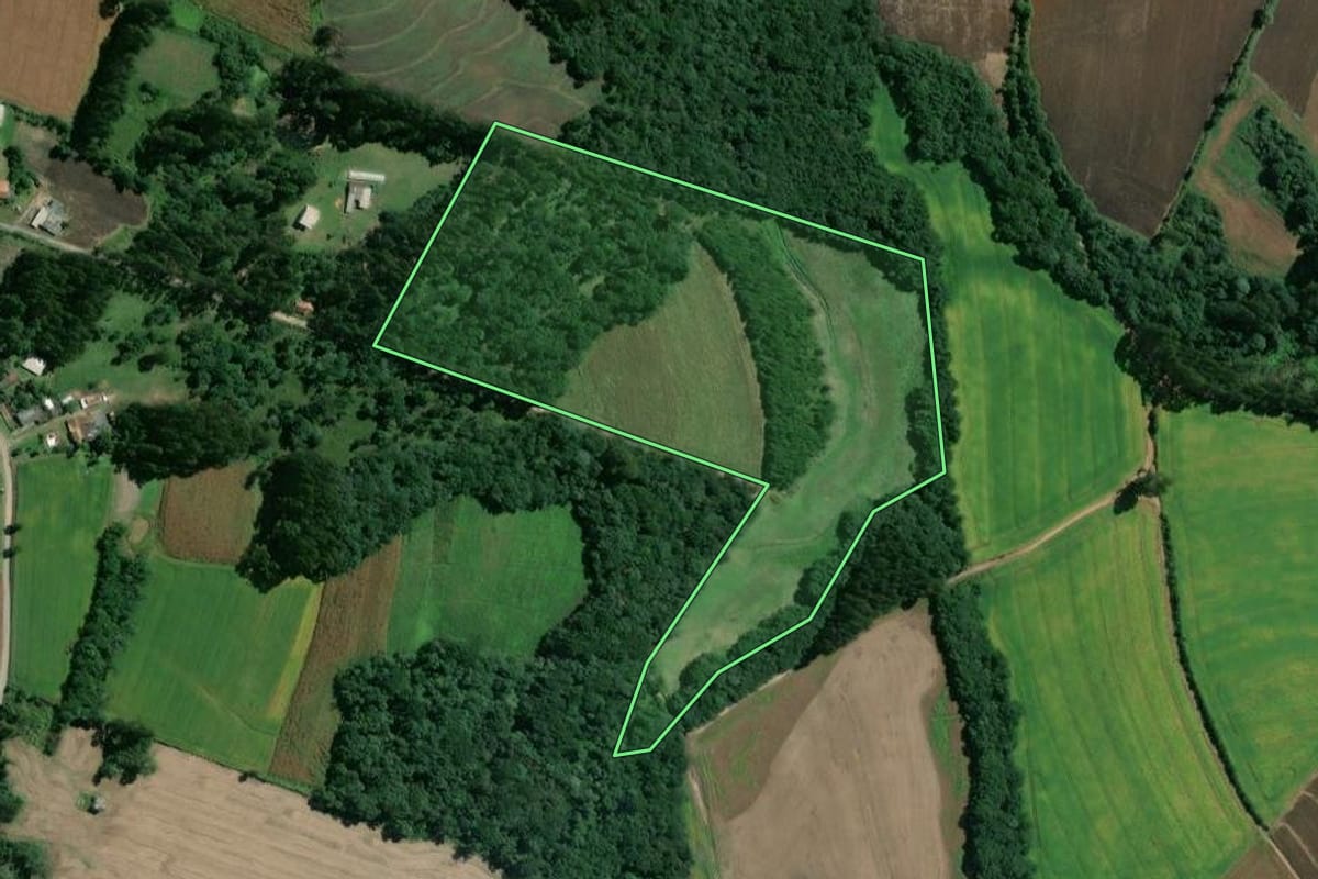 Imagem de satélite do imóvel rural em Mafra (SC), com o contorno declarado no CAR desenhado por cima.