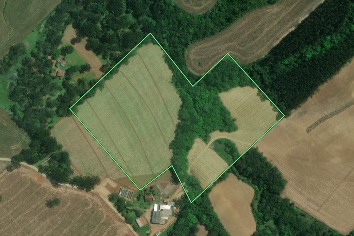 Imagem de satélite do imóvel rural em Mafra (SC), com o contorno declarado no CAR desenhado por cima.