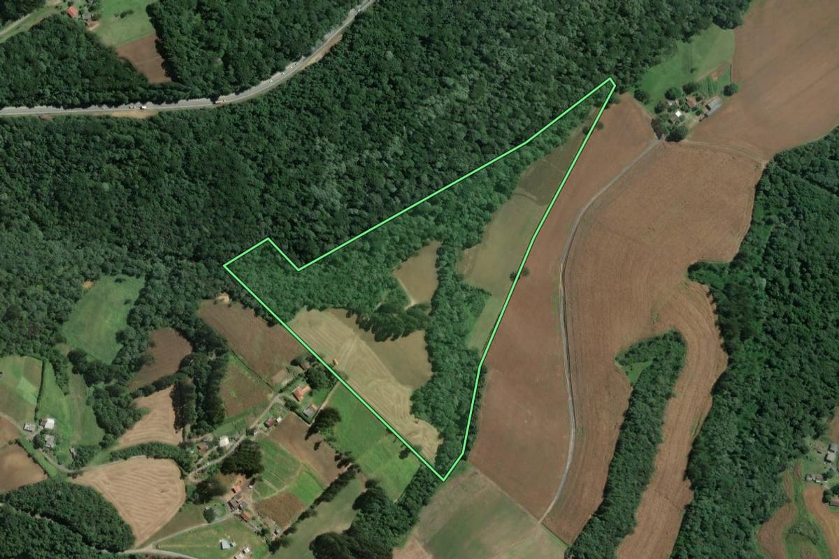 Imagem de satélite do imóvel rural em Mafra (SC), com o contorno declarado no CAR desenhado por cima.