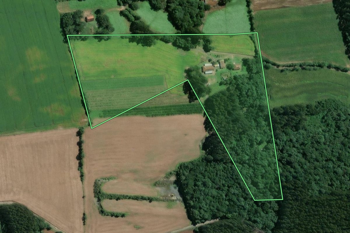 Imagem de satélite do imóvel rural em Mafra (SC), com o contorno declarado no CAR desenhado por cima.